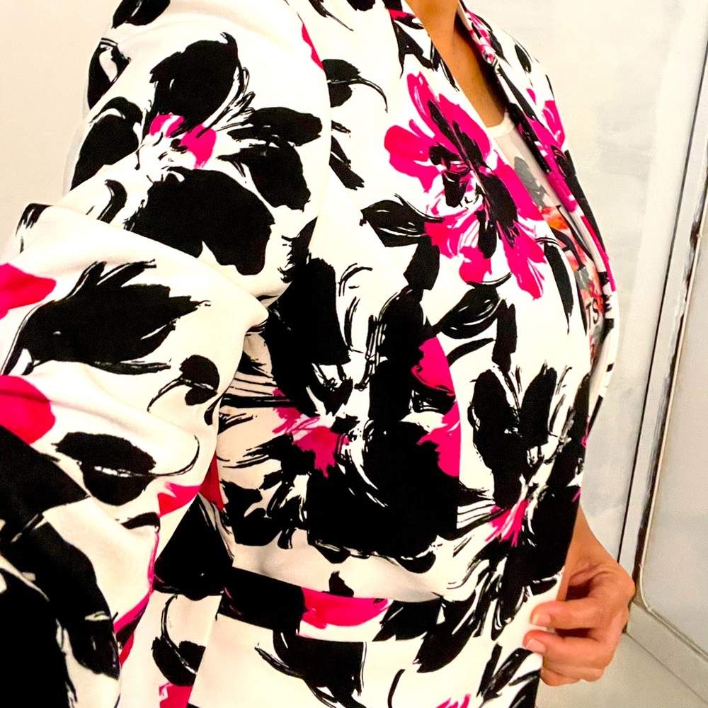 Blazer, black and pink florals on white